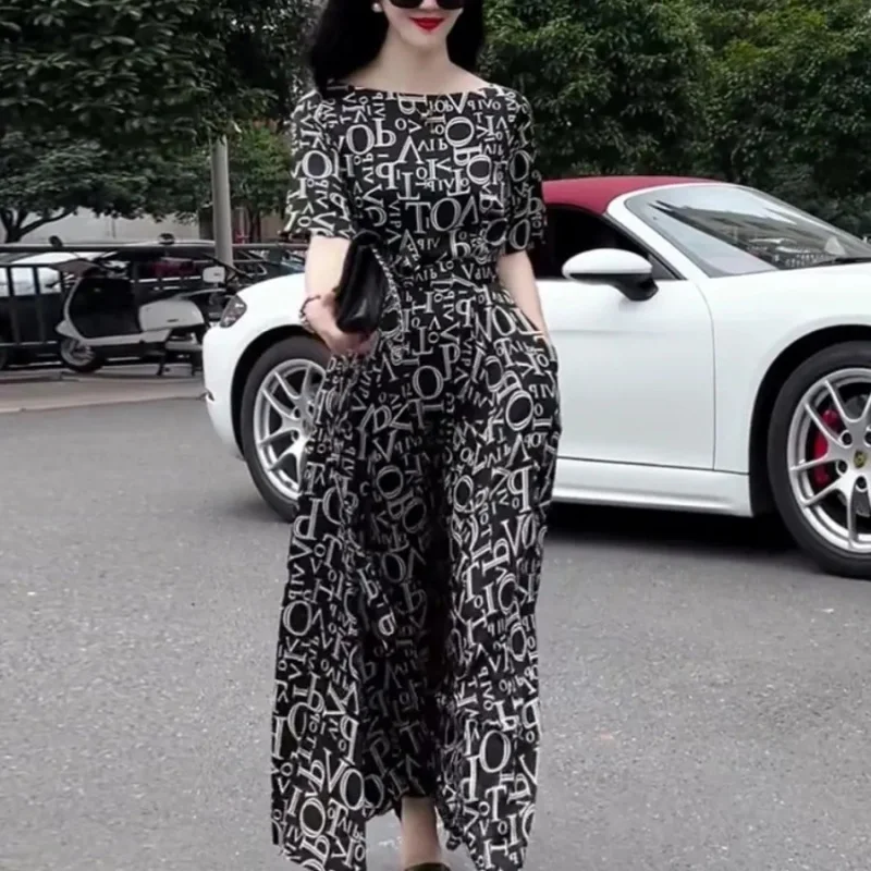 

Adult Lady like Woman Letters Fashion Temperament Printed off-Shoulder2025Summer New Dress Waist Slimming Long Skirt