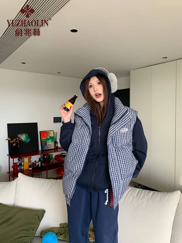 

Свободный клетчатый хлопковый тюнетный жилет, женский осенне-зимний синий цвет, воротник-стойка, модная верхняя одежда, удобная полиэфирная ткань