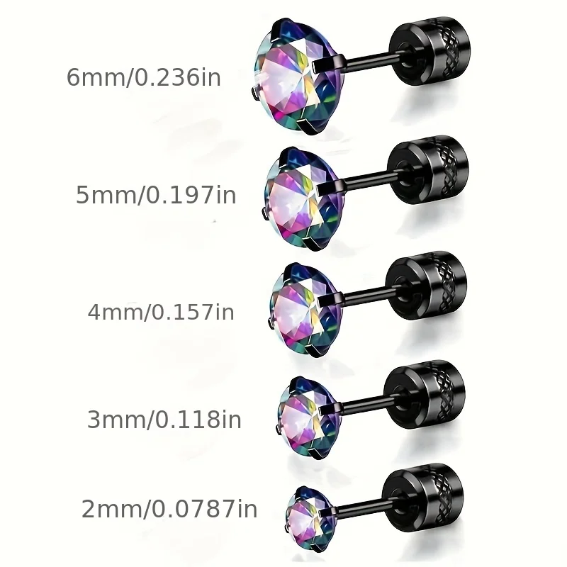 1 Pair Colorful Sparkling Zircon Black Stud Earrings Elegant Minimalist Style Stainless Steel Plated Jewelry Daily Casual 2-8mm
