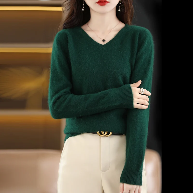 BELIARST 2024 Autumn Winter New Women\'s Clothing Sweater 100% Mink Cashmere Velvet V-Neck Pullover Knitted Large Size Tops