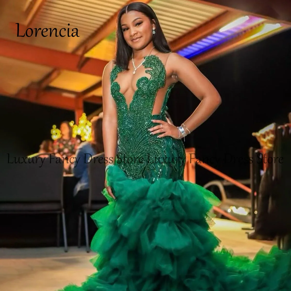Sparkly Rhinestones Mermaid Prom Dresses For Black Girls High Slit Ruffles Crystal Evening Dresses Formal Birthday Party Dress
