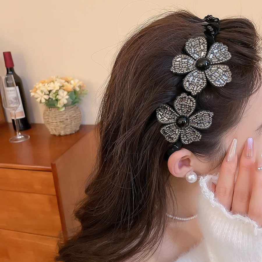 2Pcs Set Funkelnden Diamant Blume Feder Haar Zubehör Set Haar Hoop + Grip Clip frauen Bankett Stil pan Haar Zubehör – Detail 4