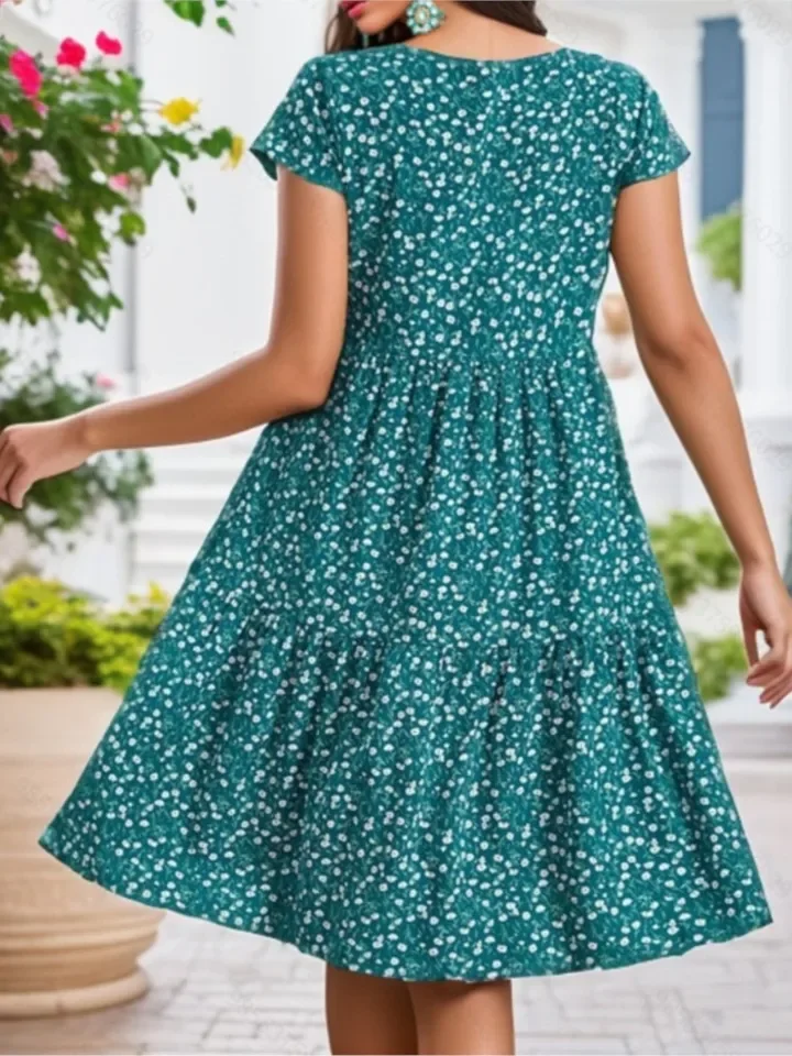 Casual Print Loose Dress Lady Fashion O-Neck Short Sleeve Pullover Dresses For Women Summer Boho Holiday Womens Clothing New