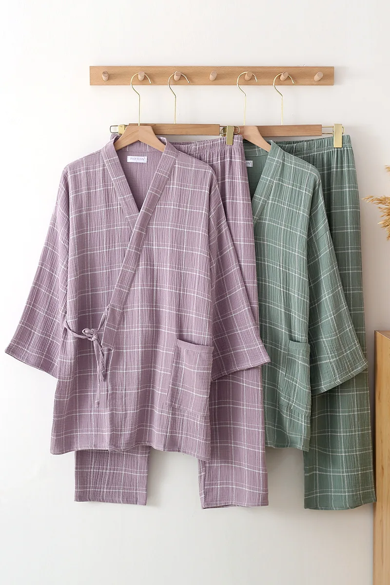 2024 Japanese Kimono Set 100%Cotton Pajamas Two-piece Women Yukata Plaid Robes Women Men Sweat Steaming Suit Home Service Set