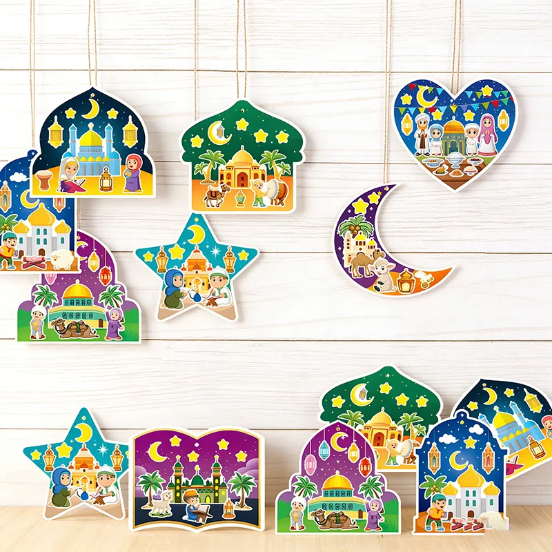 

1set Eid Mubarak Cartoon DIY Stickers Festival Scene Ramadan Kareem Gift Pendant Islam Muslims Festive Party Hanging Decoration