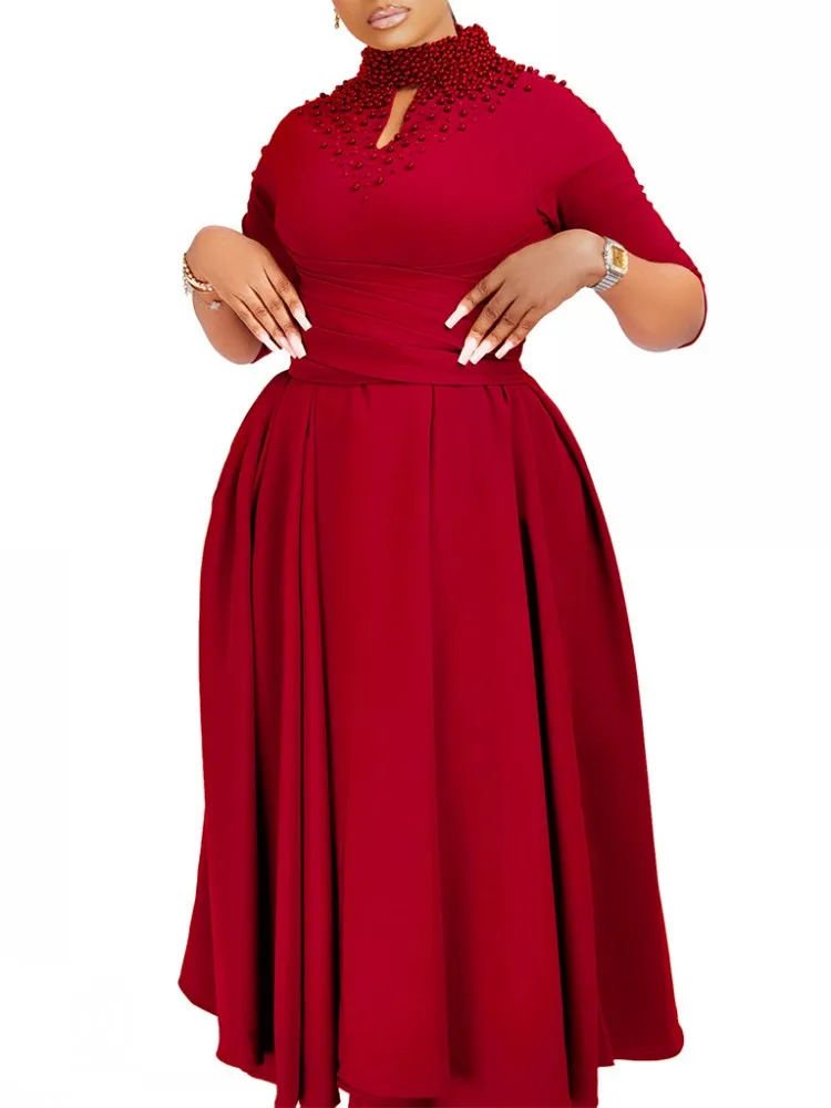 

Turtleneck Beaded Elegant Dress Women's Fashion 3/4 Sleeve High Waist Midi African Dress Big Size Outfit Woman Festival Clothing