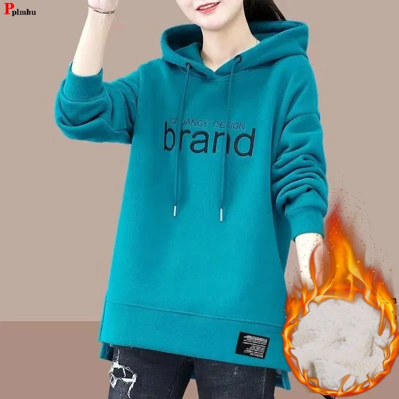 Loose Winter Oversize 85kg Hoodies Embroidery Add Velvet Sweatshirt Pulls Thick Warm Tops Casual Woman Trend Long Sleeve Hooded