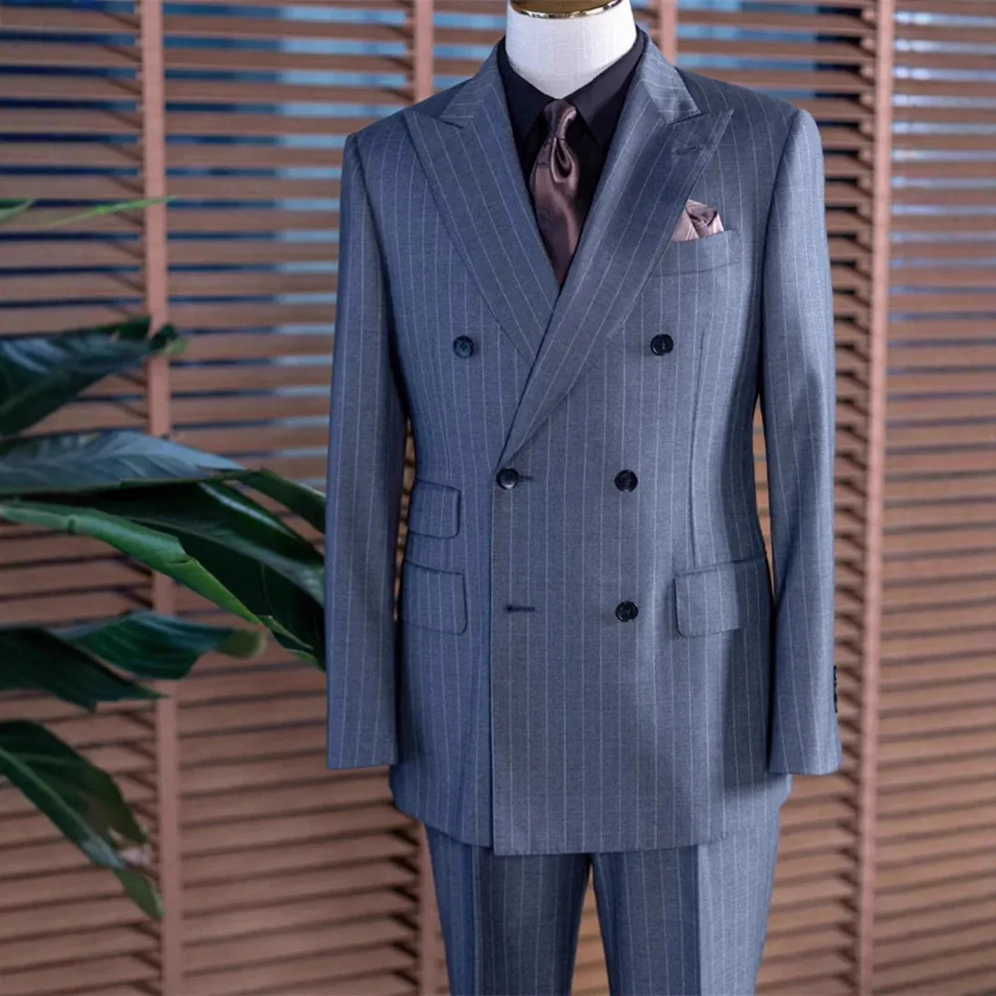2026 New Navy Blue Striped Slim And Thin Two-piece Groom Best Man Wedding Banquet Large Size Suit