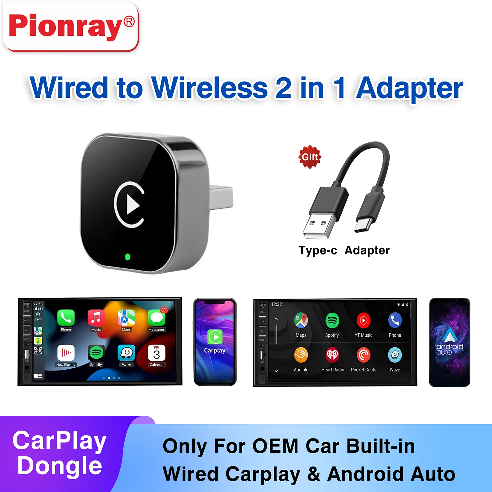 Pionray 2in1 Wireless CarPlay Adapter Car Intelligent Systems