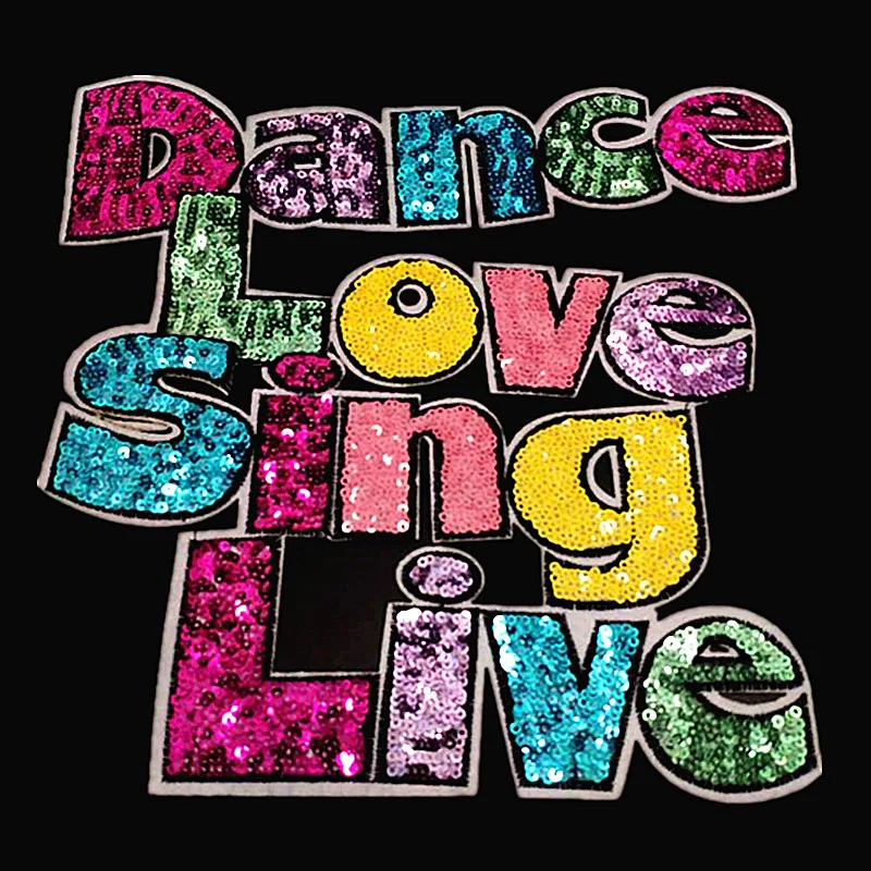 Large Color Sequins Letters Dance Sing Iron on Patches for Clothing T Shirt Women Embroidery Patch Fabric Stickers