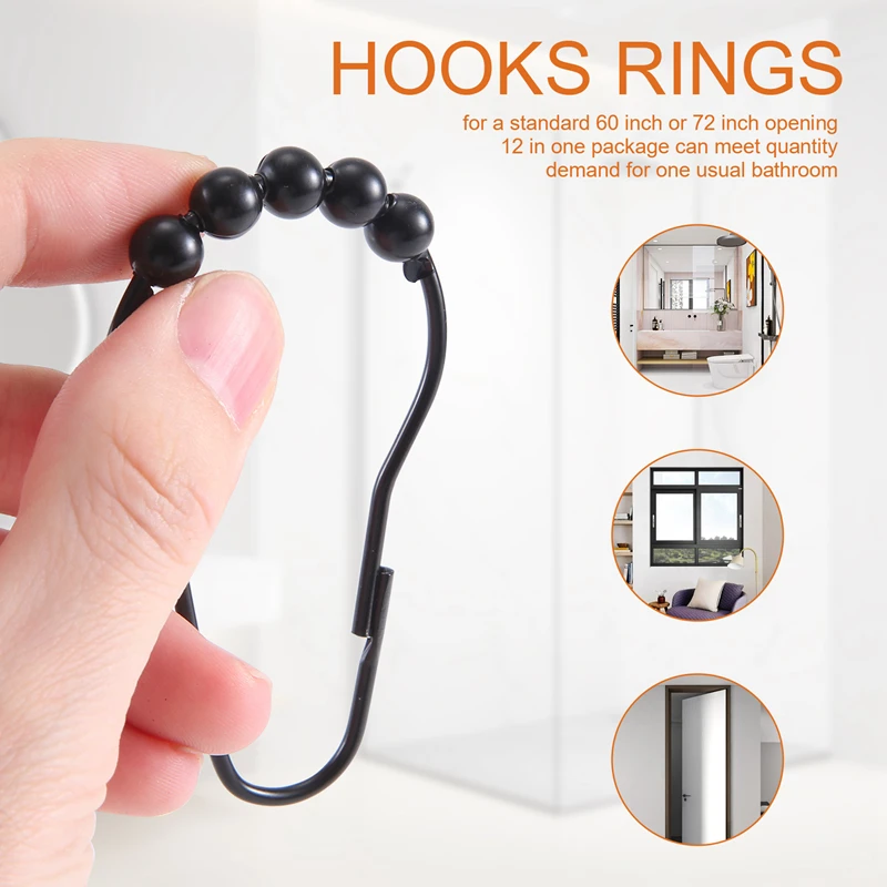 SEWS-Shower Curtain Hooks Rings Metal Shower Curtain Hooks Rings For Bathroom Shower Rods Curtains Set Of 12 Black