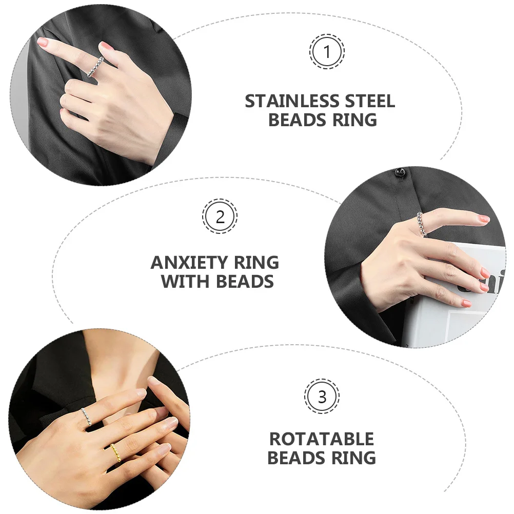 

3Pcs Stainless Steel Beads Ring Excellent Craft Rotatable Design for Anxiety Relief Fidget Ring Smooth Shiny Finish