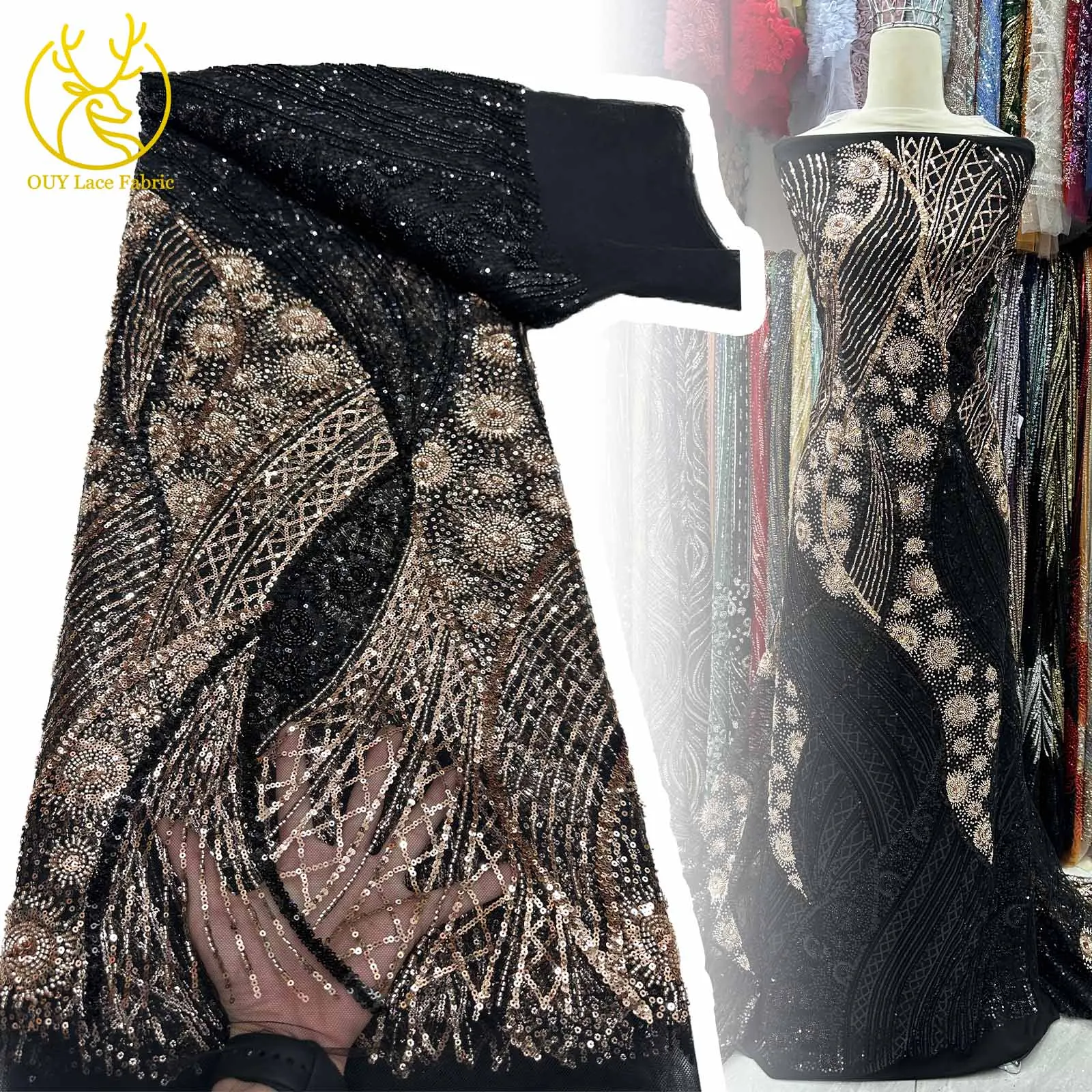 

Prestige Luxury Ladies Wedding Dress Luxury French Sequin Mesh Lace Fabric 2025 High Quality Dubai Beaded Tulle Lace Fabrics