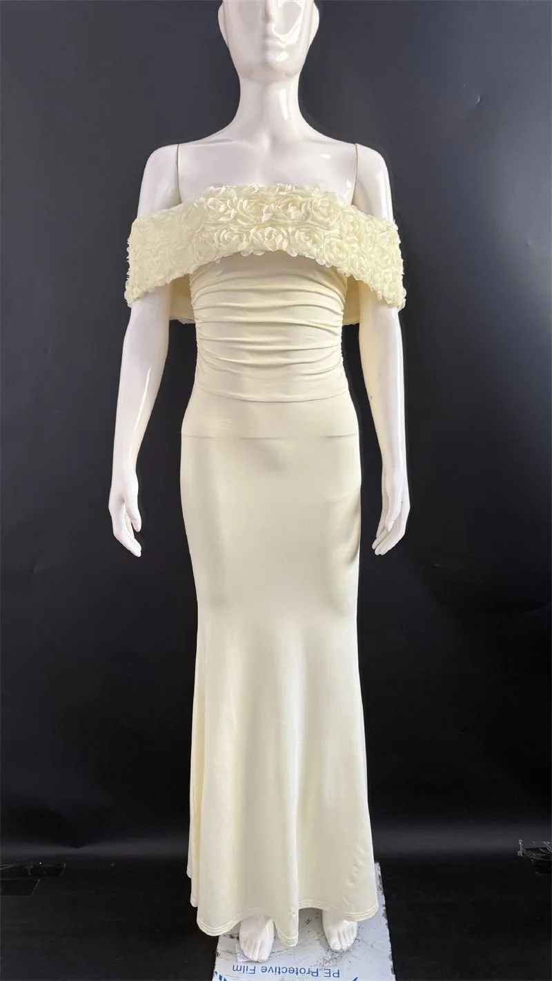 أبيض أصفر أنيق فستان الحفلة الراقصة 3D زهرة مثير قبالة الكتف قصيرة الأكمام غمد طويل الزفاف الرسمي ضيف الجلباب ثوب الزفاف