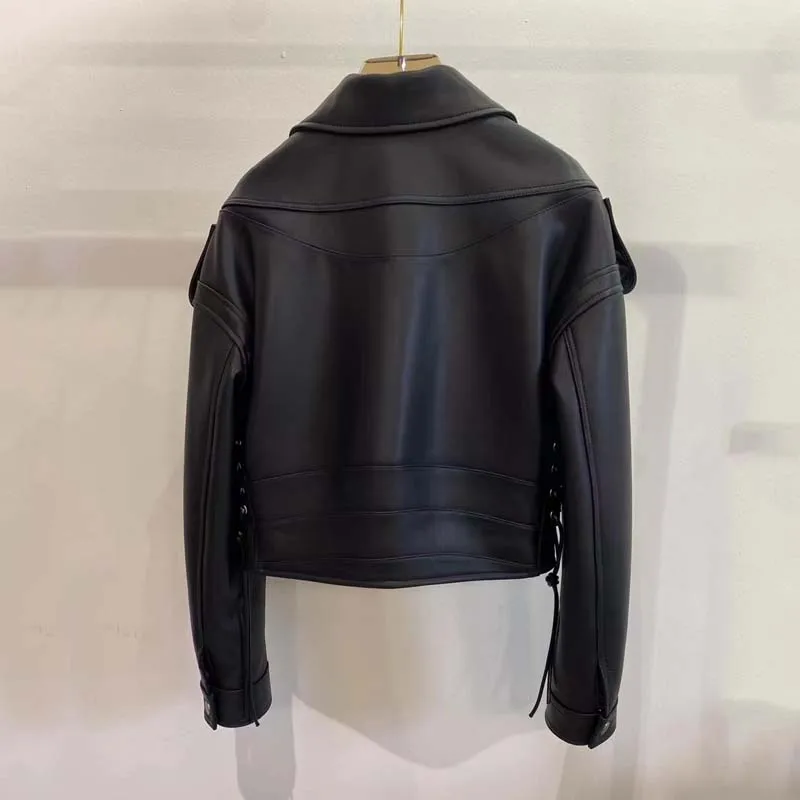 New Fashion 2023 Women Coat Spring Short Length Moto & Biker Style Turn-Down Collar Genuine Leather Jacket With Belt Long Sleeve