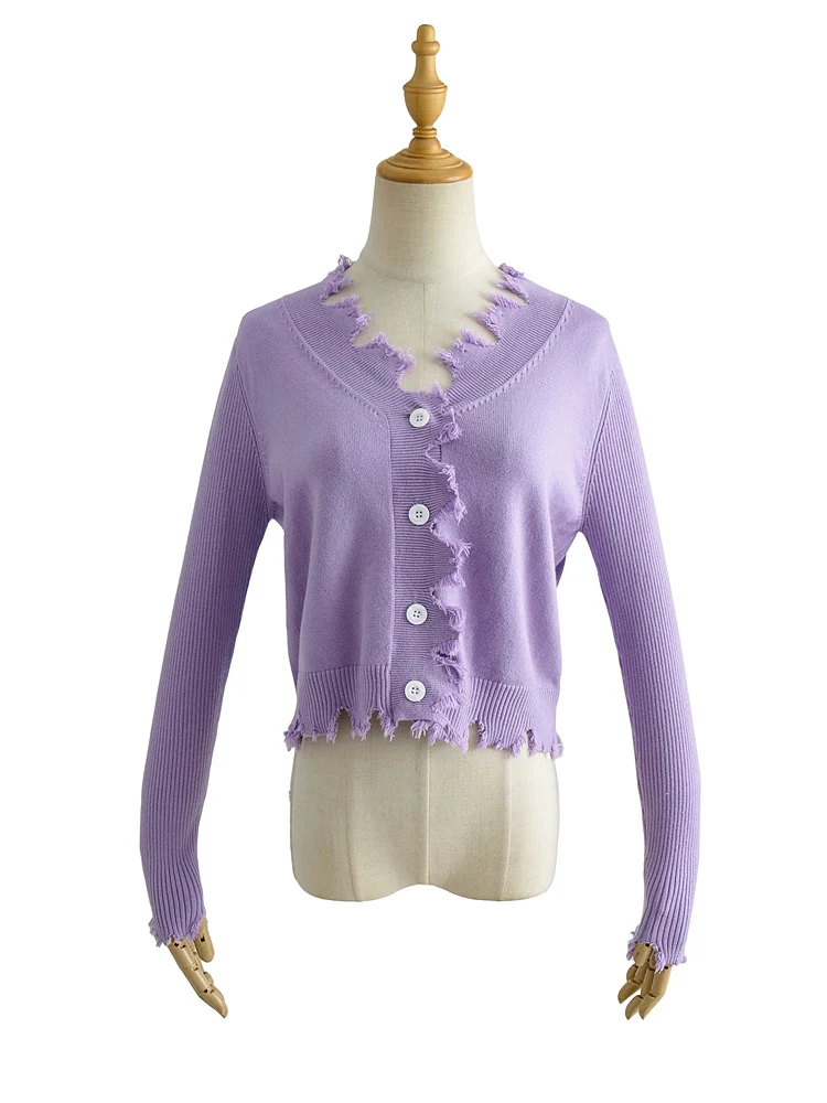 

Женские потертые вязаные кардиганы с длинным рукавом и v-образным вырезом, однотонные короткие свитера