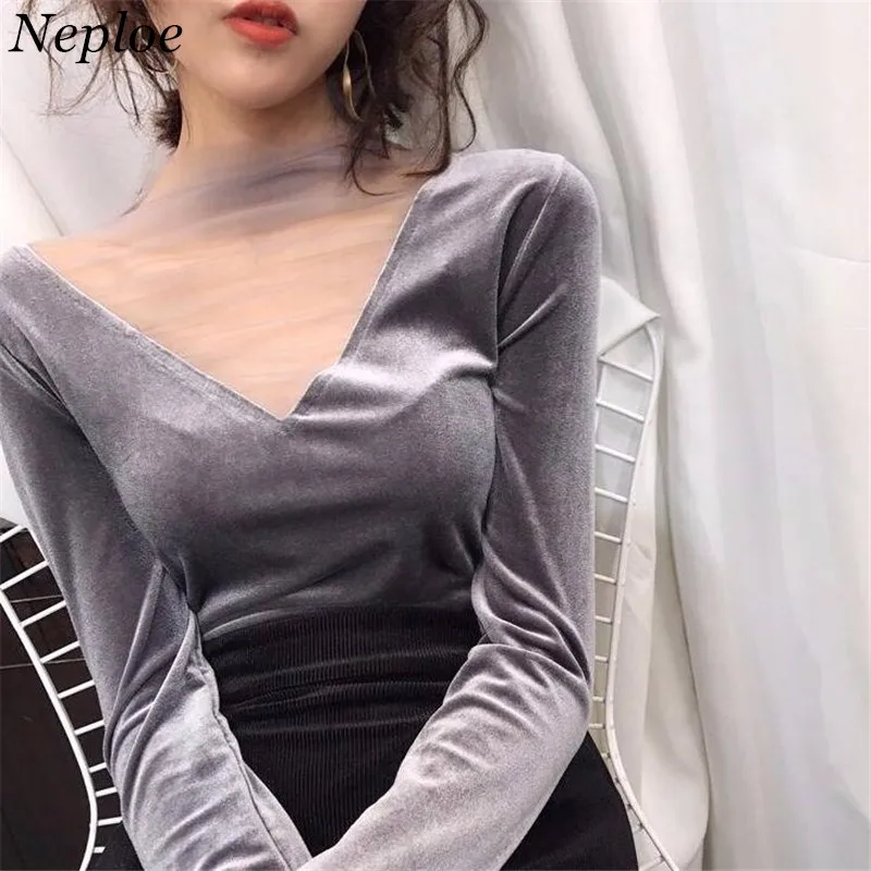 

Neploe 2025 Sexy Women Blouse Mesh Tops Fashion Hollow Y2K Tops Korean Woman Clothes V-Neck Elegant Blusas Female Shirts