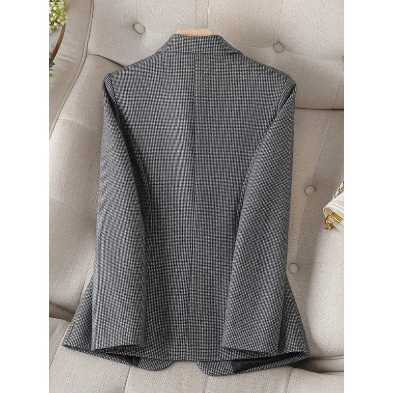 Blazer à carreaux gris abricot pour femme, veste formelle pour femme, manches longues, bouton unique, manteau de travail d'affaires pour femme