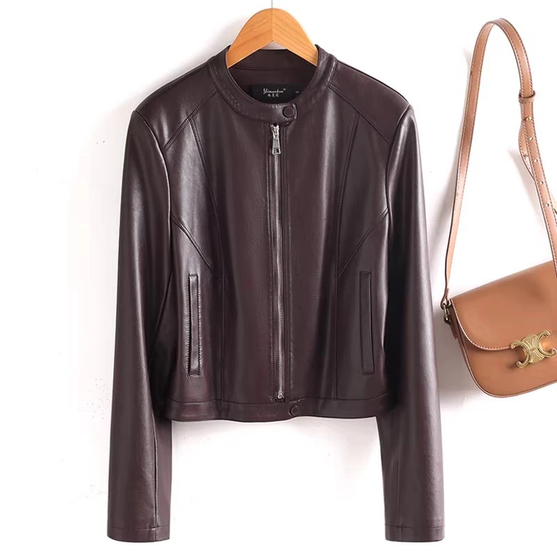 新しい女性の春秋スプリットレザールーズジャケットファッション O ネック長袖カジュアルショートレザーコートシンプルジャケット