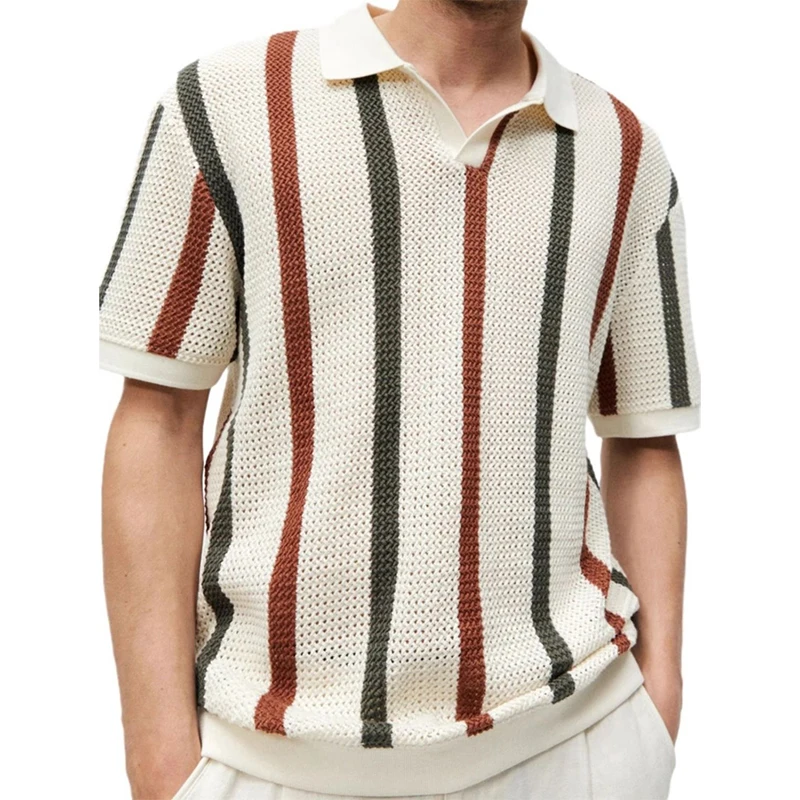 Summer Striped Print Men Short Sleeve Polo T Shirts Hit Color Hollow Out Personality Business Casual 2xl Oversized Clothing Tops