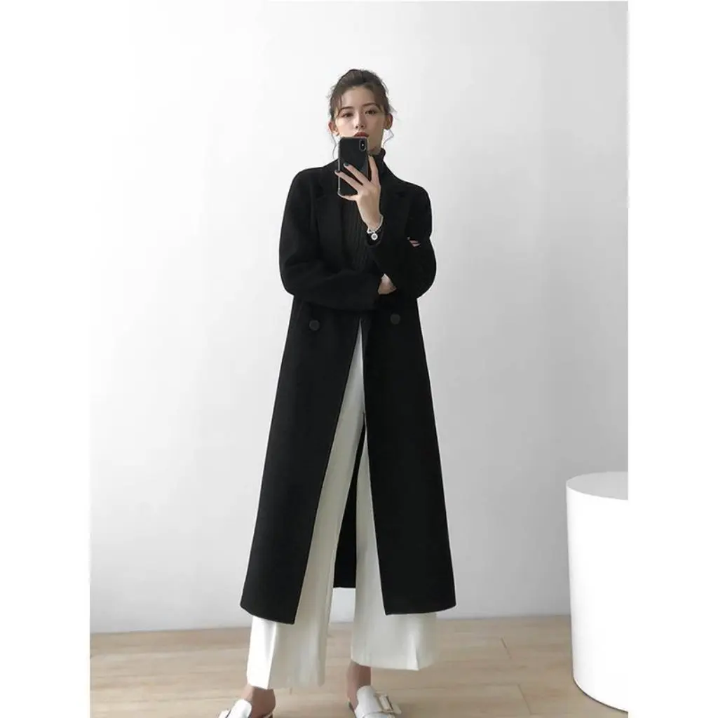 

Women's Black Woolen Coat Mid-Length Elegant Thickened Slim Fit Korean Style All-Match Autumn Winter New
