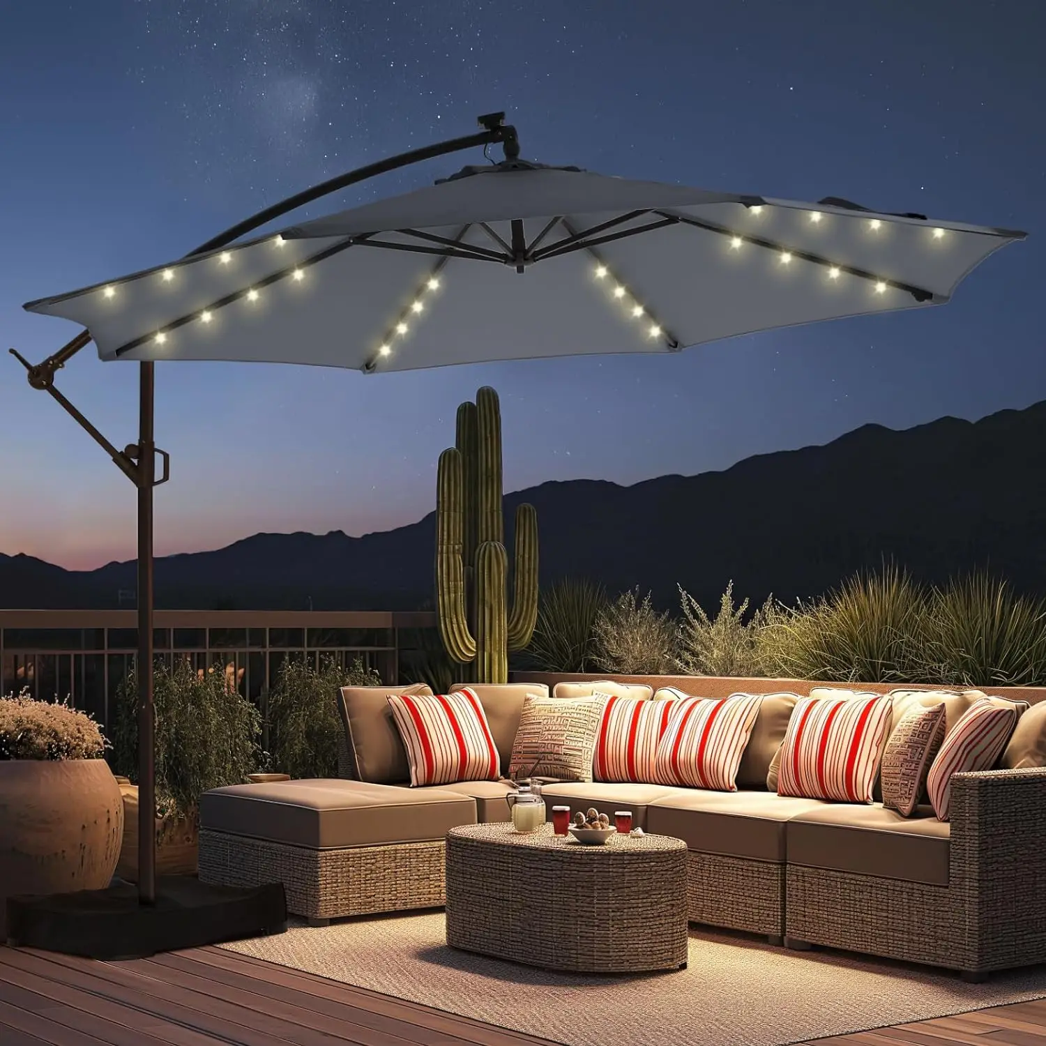 10ft Solar Lights Offset Cantilever Patio Umbrella - w/Light and Base, LED Lighted Offset Hanging Patio Outdoor Market Umbrella