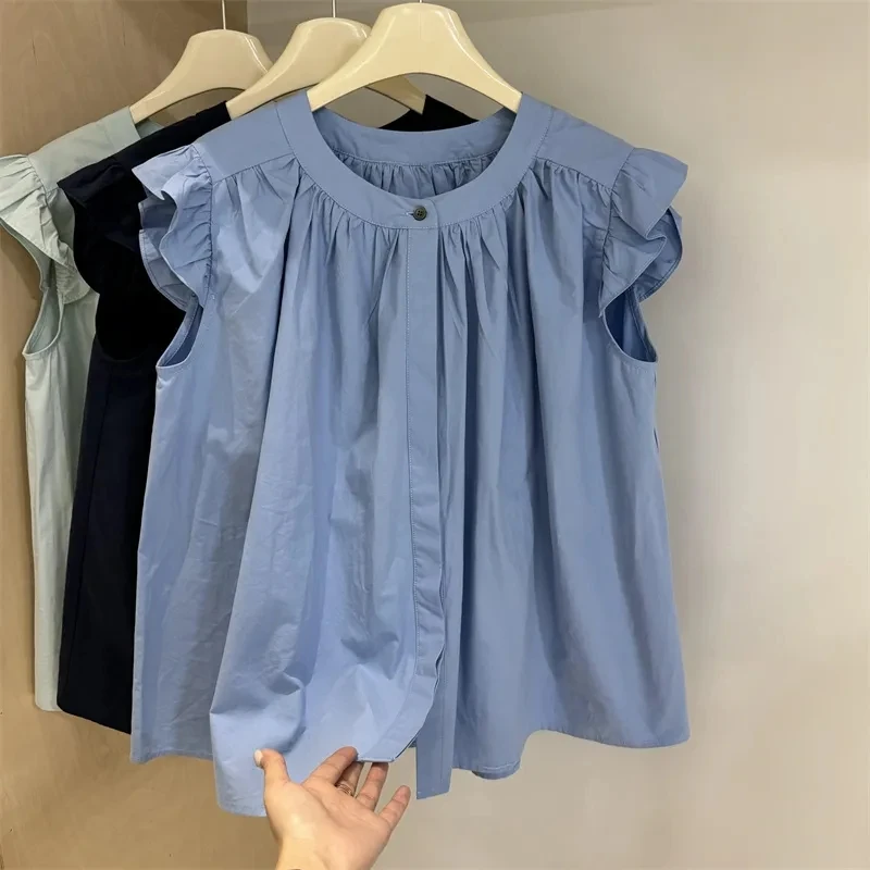 Chic rotondo Ne Svel Doll irt Top estivo Faion da donna Dolce taglia piccola Flng Sve Camicetta coreana in puro colore