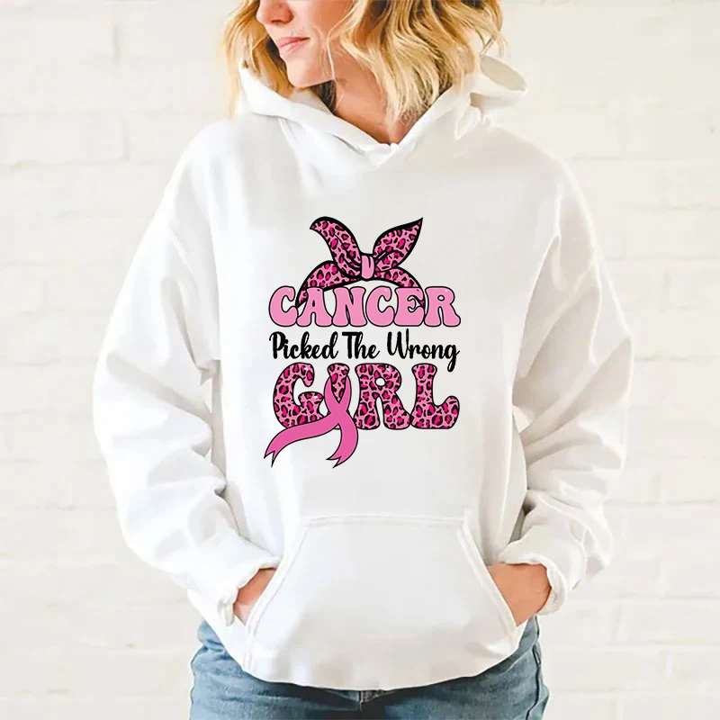 Fashion Women'S Hooded Breast Cancer Awareness Cancer Picked The Wrong Girl Printed Long Sleeve Solid Color Fleece Loose Tops