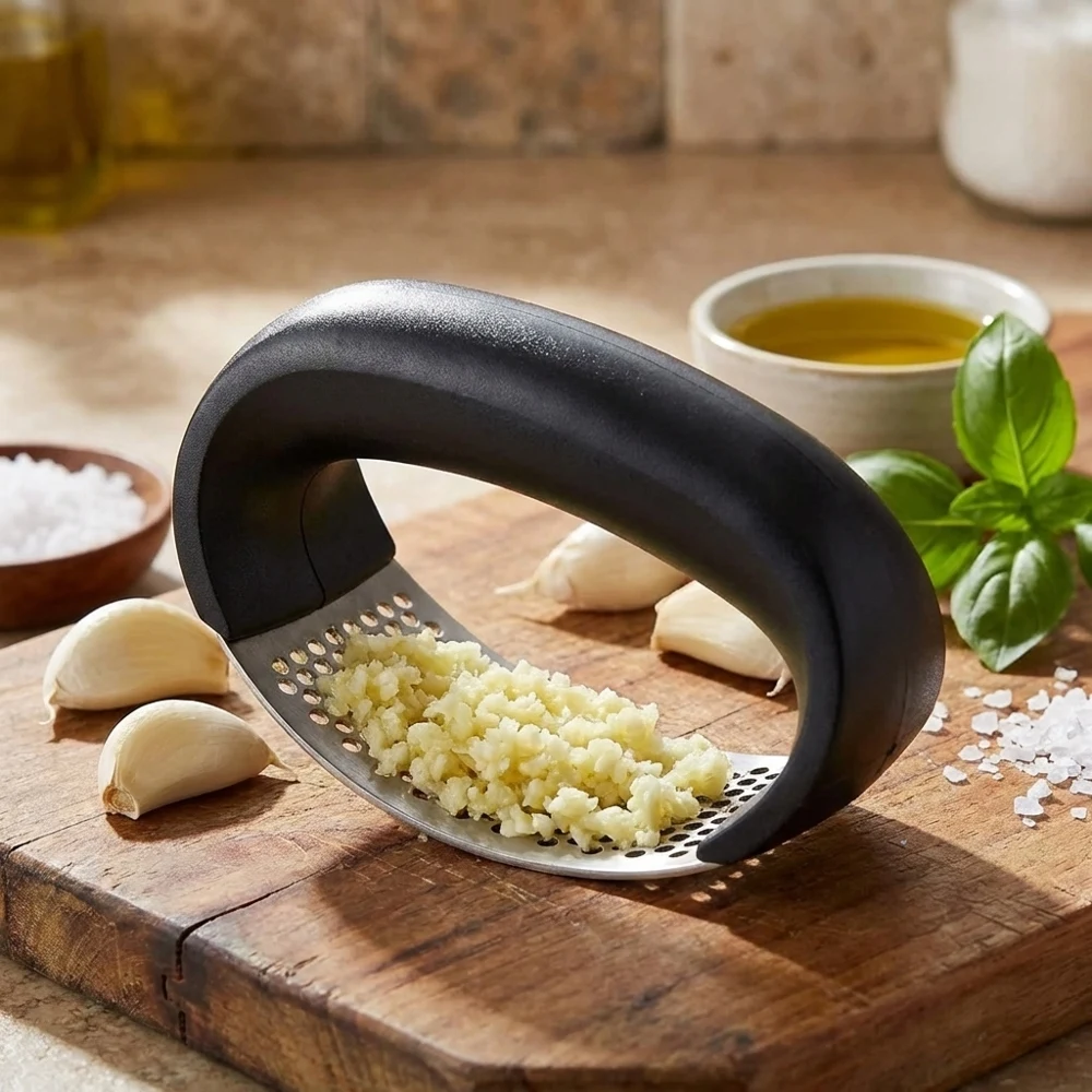 Prensa de Ajo de Acero Inoxidable, Triturador Manual de Ajo, Mango Ergonómico, Herramienta para Picar Ajo que Ahorra Esfuerzo, Kit Multifuncional