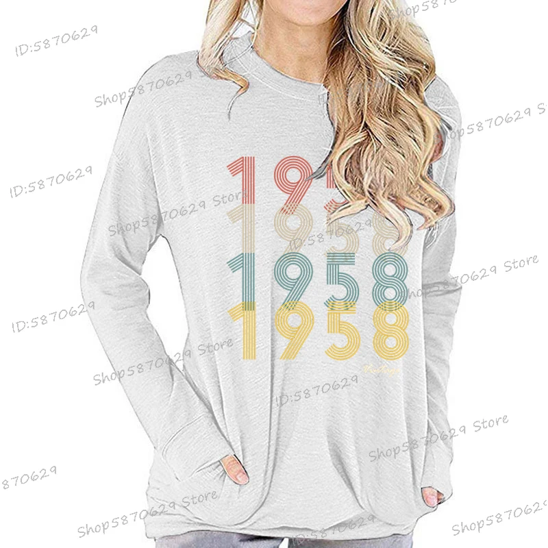 Hot Sale Birthday Anniversary T-Shirt Women 1958 Vintage Casual Long Sleeve T-shirts Funny Fashion Gifts For Mom Wife Tops Tees