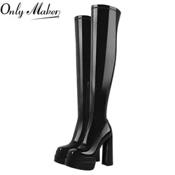 Onlymaker Women Platform Thick  High Heels Square Toe Side Zipper Punk Style Over The Knee High Fashion Big Size  Boots