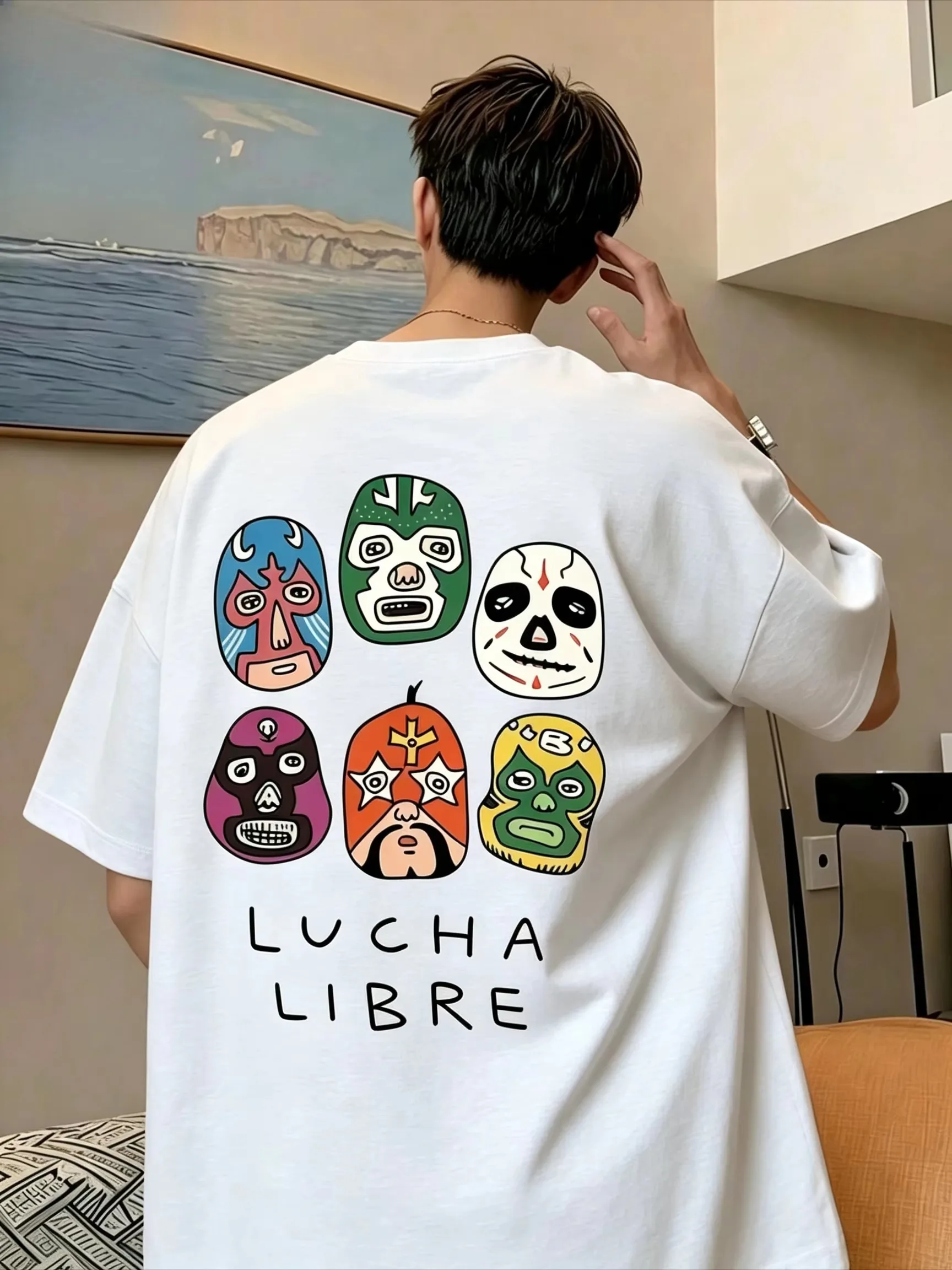 2026 New Lucha Libre Family Matching Oversized Unisex Streetwear T Shirt Cartoon Wrestler Mask Print Short Sleeve Casual Tees