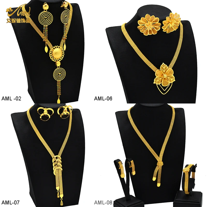 

ANIID Luxury Unique Long Pendant Necklace & Earrings Set Wedding Dubai 24k Gold Color Jewelry Set For Women Gifts Party