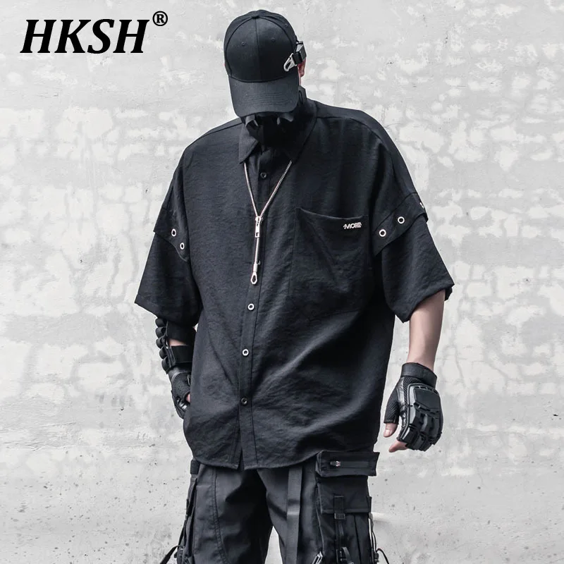 

HKSH Men's Tide Niche Deconstruction Metal Decoration Double-layer Shirt High Street Dark Tactical Patchwork Pocket Tops HK1454