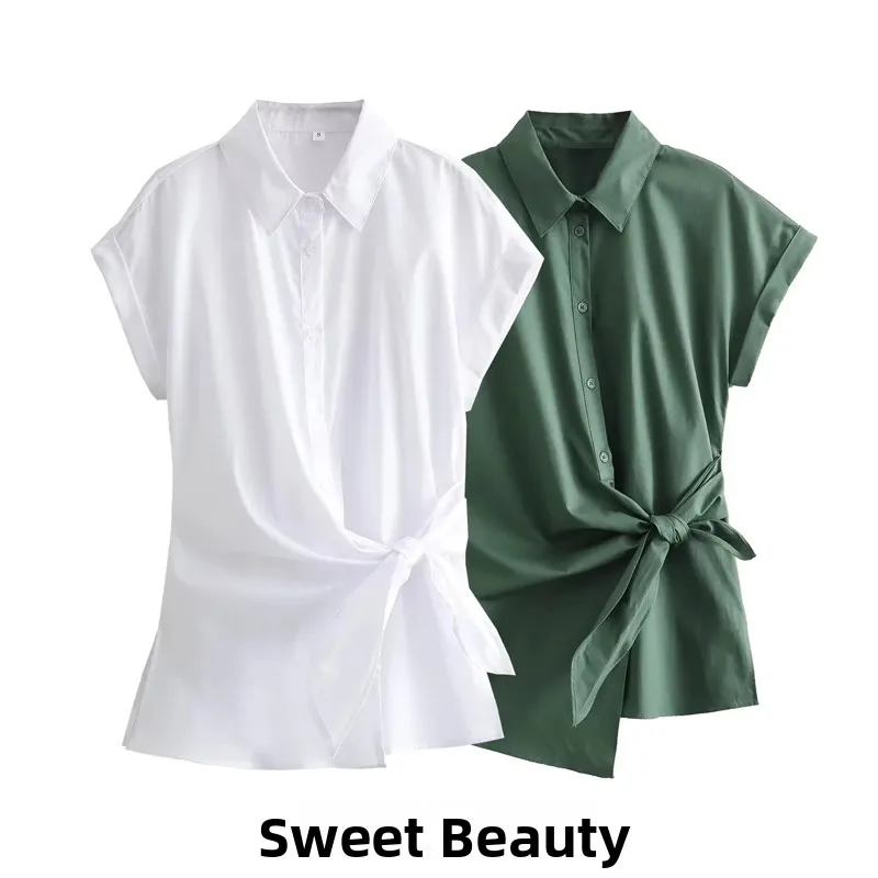 

Spring 2024 Women's Slim Fit ort Sve irt with Knot Detail Pure Color Street Sle Button up Casual Faion