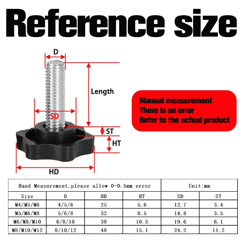 1pcs-20pcs Six-Lobe Hand Knob Screws Bolt M4 M5 M6 M8 M10 M12 Plastic Star Shape Head Thread Clamping Thumb Handle Machine Bolts