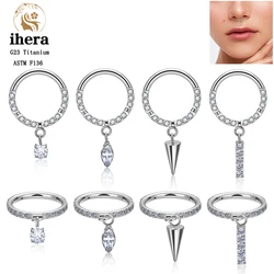 G23 Titanium Nose Ring Septum Clicker Pendant 16G CZ Round Earring Hoop Women Tragus Cartilage Helix Conch Piercing Jewelry