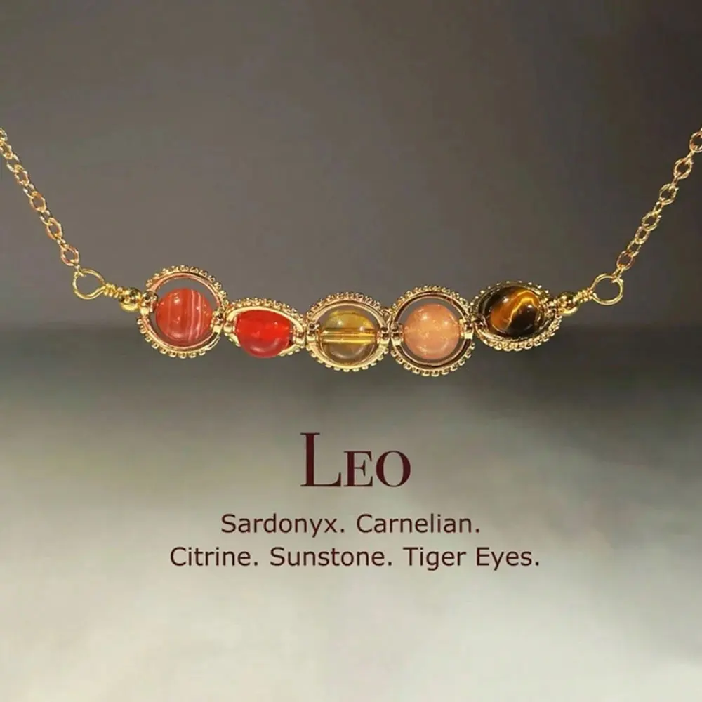 Collar de cristal de león hecho a mano, collar del zodiaco, cornalina, piedra solar, ojo de tigre, ágata roja, citrino, joyería de piedra natural