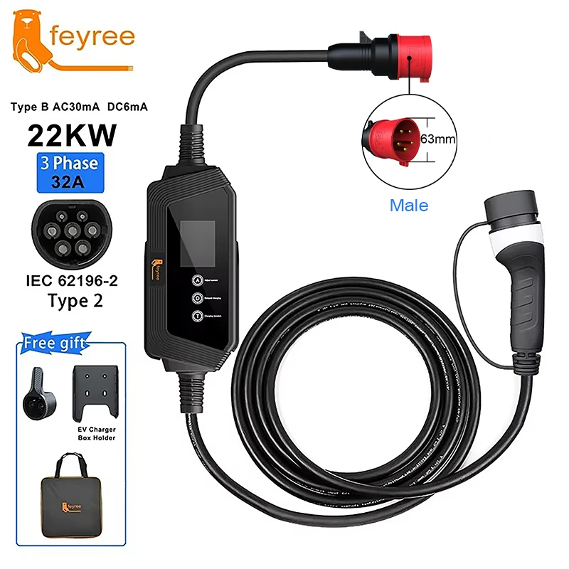 feyree Type2 Portable EV Charger 22KW 32A 3Phase EV Charger EVSE Charging Box 5m Cable with Socket IEC62196-2 for Electric Car