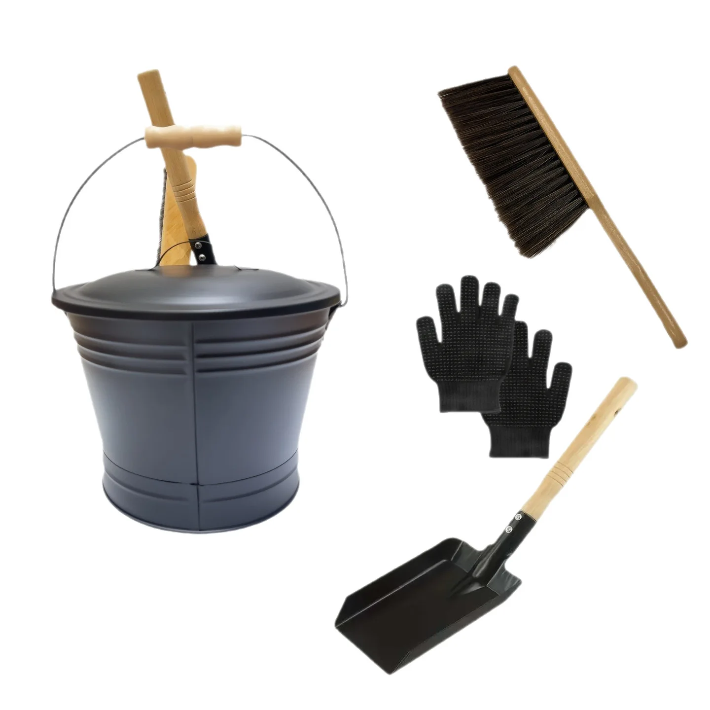4-Piece Fireplace Tool Kit with Heavy-Duty Shovel Brush Gloves and Ash Bucket for Indoor Wood Stoves and Fireplaces
