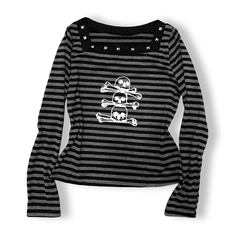 

2000s Vintage Y2k Printed Woman Clothing Square collar rivet Design Retro Streetwear Letter Print Striped Top Gothic Clothes