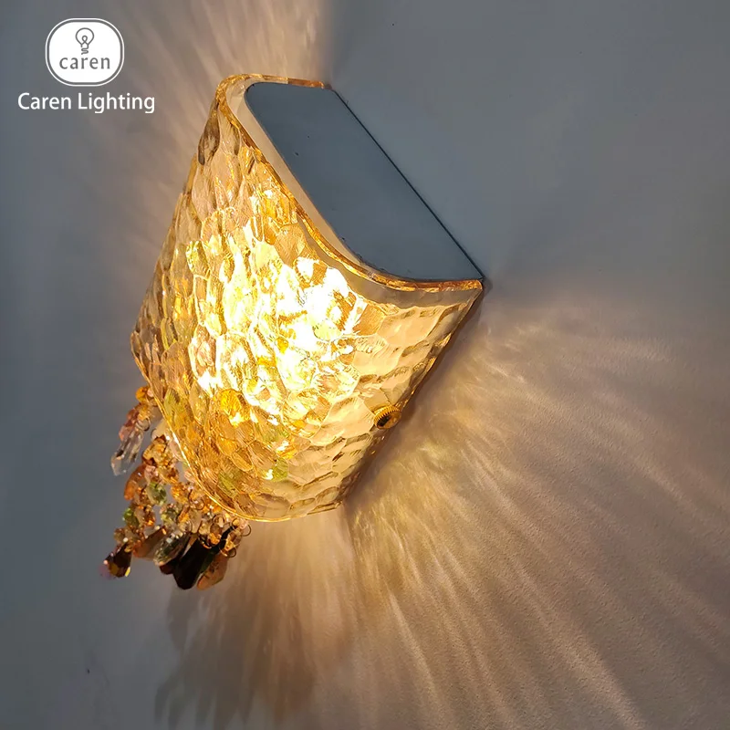 Caren Lighting Wall Lamp Vibrant Colorful Crystals handmade texture Amber Glass Shade coloured crystal Modern cozy fixture retro