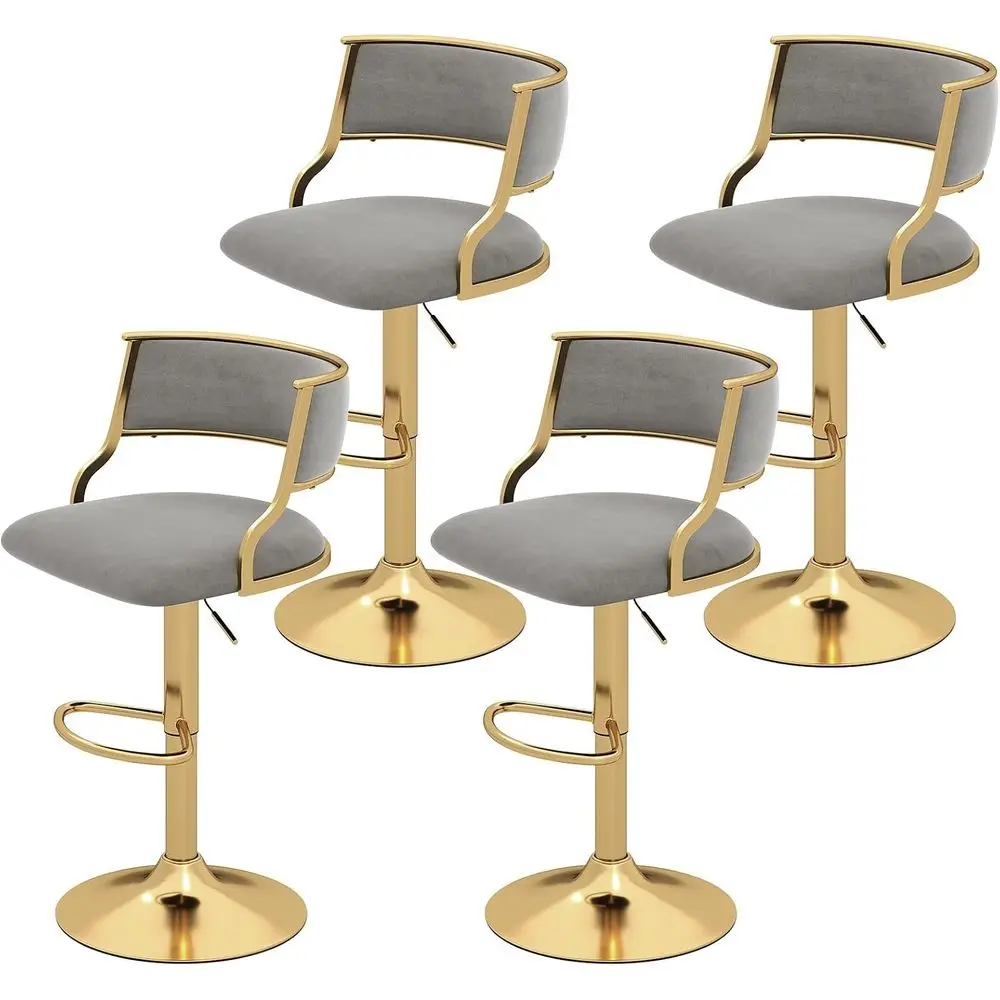 ern Height Adjustable Swivel Bar Stool Set o 2, Grey & Gold | Velvet Upholstered Island Stools with Barrel Back & ootrest, Kitch