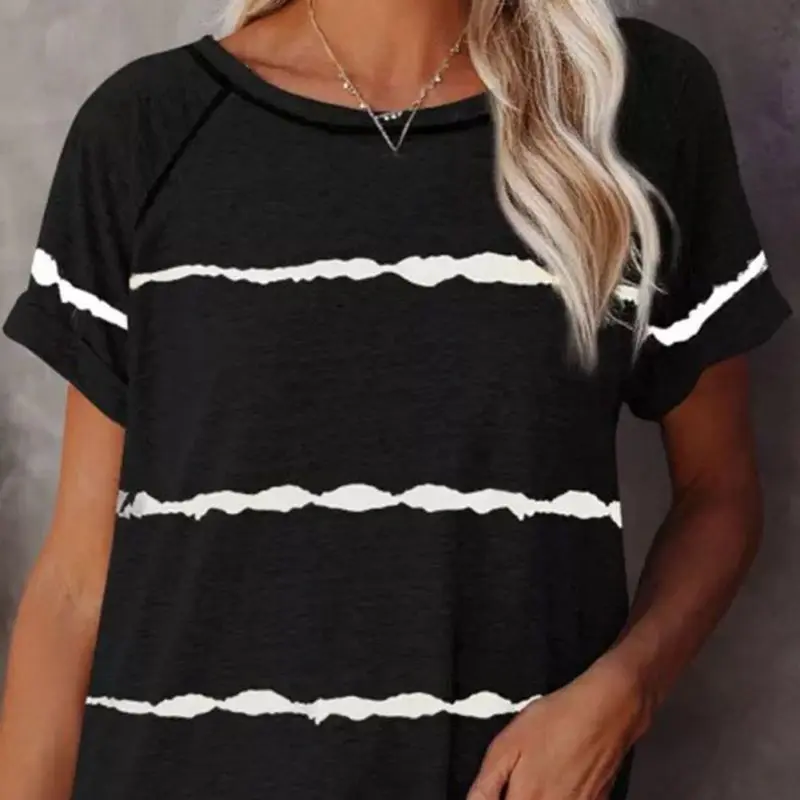 Women\'s Summer Casual T-shirt Stripe Short Sleeve Lady Fashion Loose Fit Blouses Top