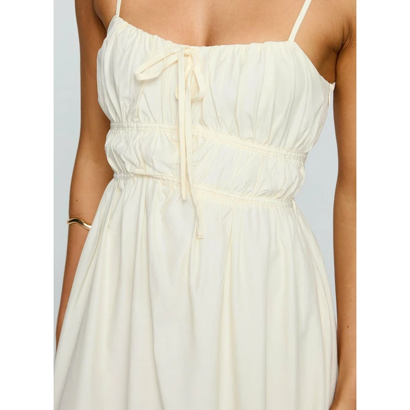 Combhasaki Donna Estate Elegante Senza Maniche Collo Quadrato Fiocco Legato Decor Smocked Increspato Cinghie Regolabili A-line Cami Abito Lungo