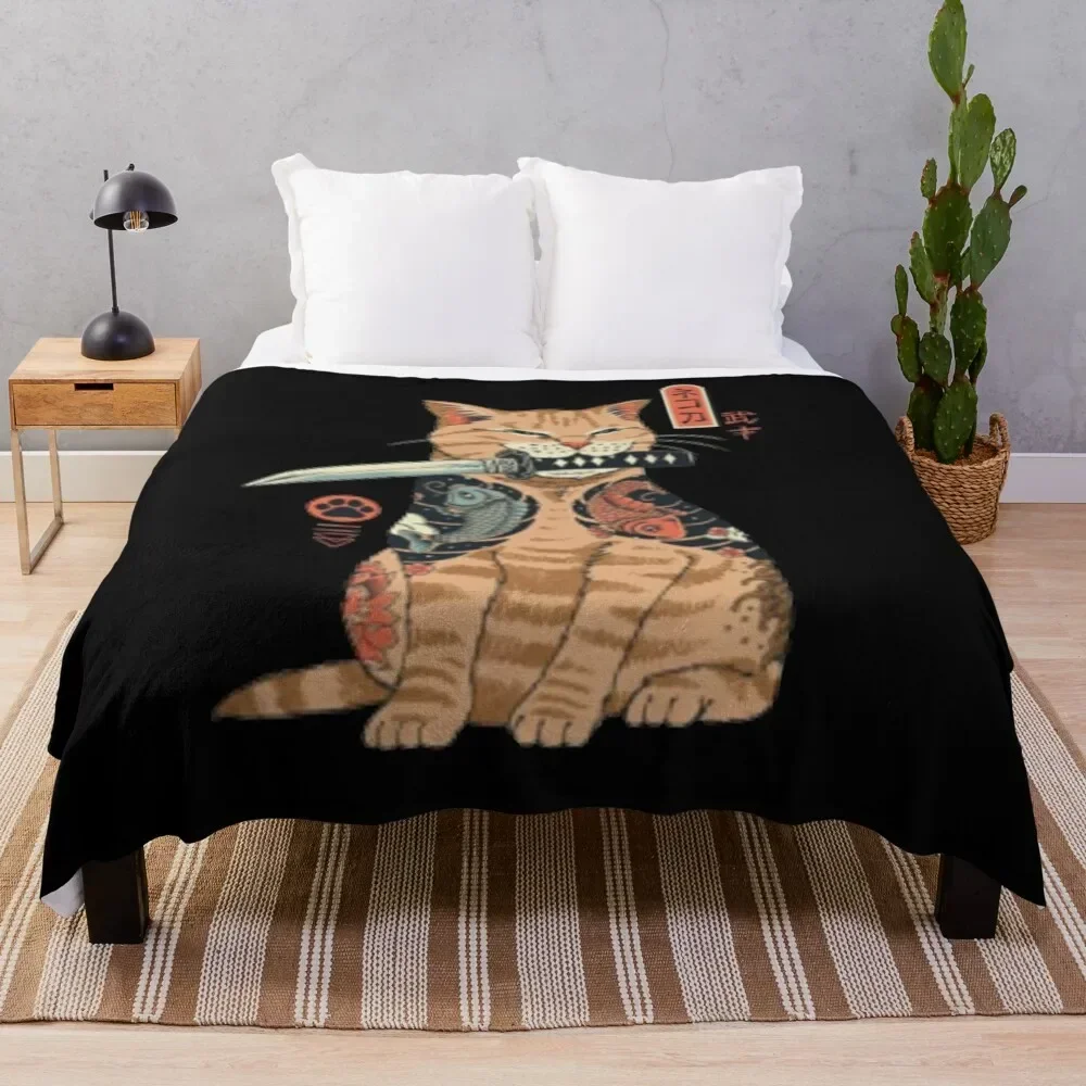 Katana Cat Throw Blanket Cute Plaid Furry Camping Blankets