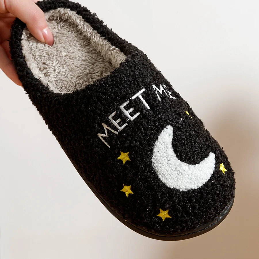 Fashion Winter Slippers Midnight Women Moon and Clock Indoor Home Warm Casual Exquisite Soft Sole Flat Cotton Houseshoes