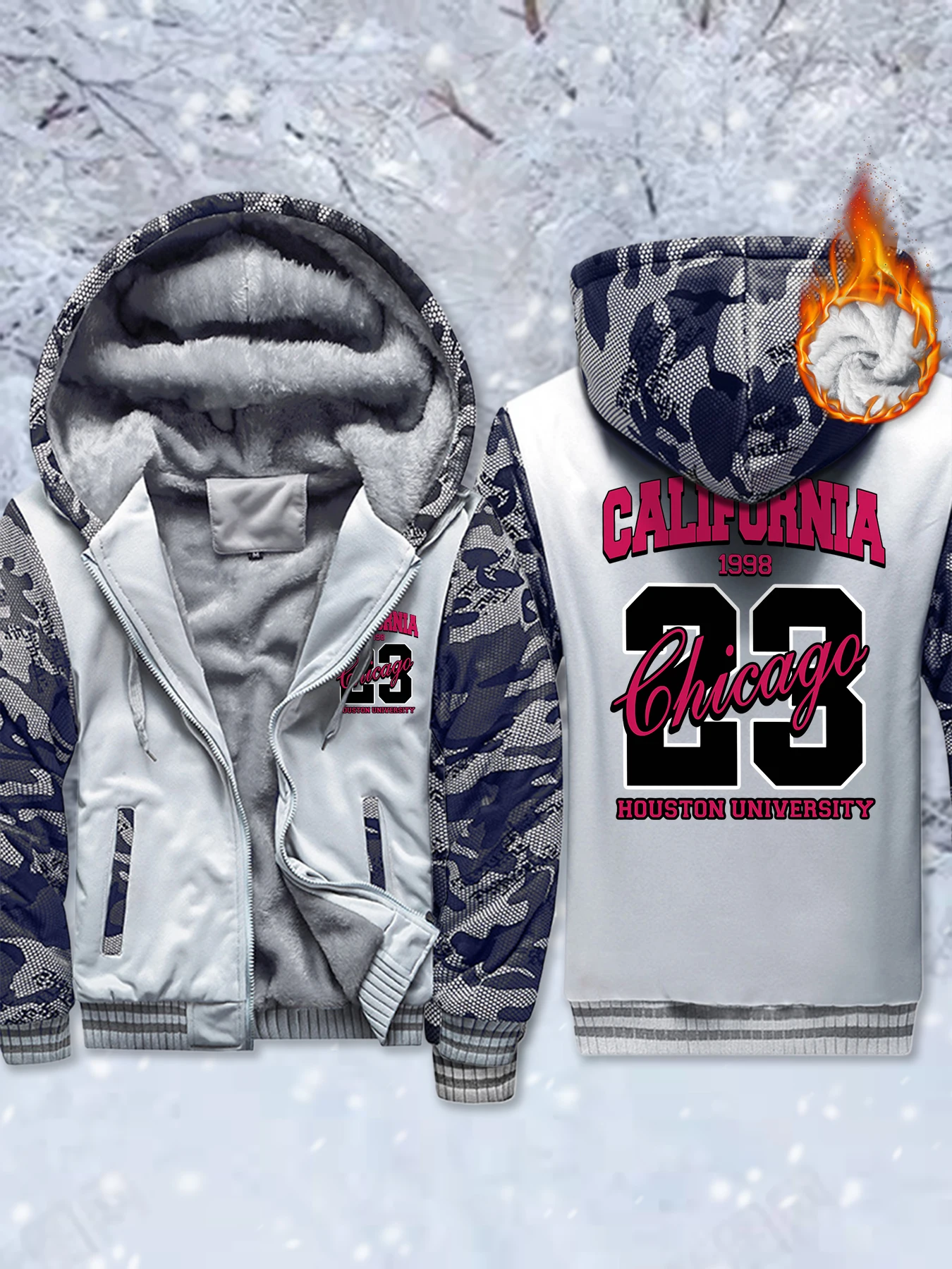 

California Chicago Houston University Print Soft Warm Jacket Man Fleece Comfy Outwear Winter Thicken Veste Pocket Zipper Hoodie