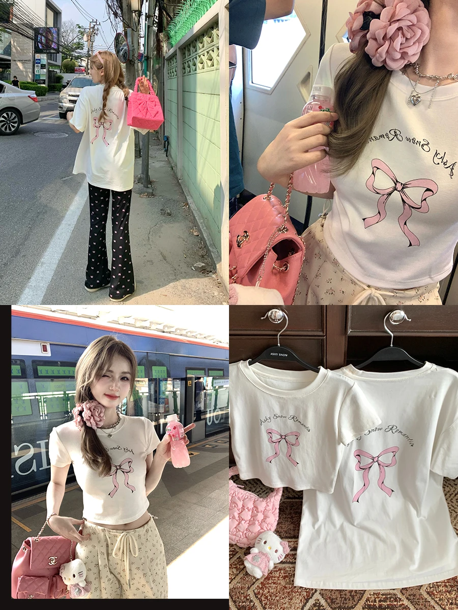 

Женская футболка Sweet Sle с принтом и узлом, свободного кроя, облегающая, новая версия 2024 года, удобная, дышащая, с коротким рукавом.