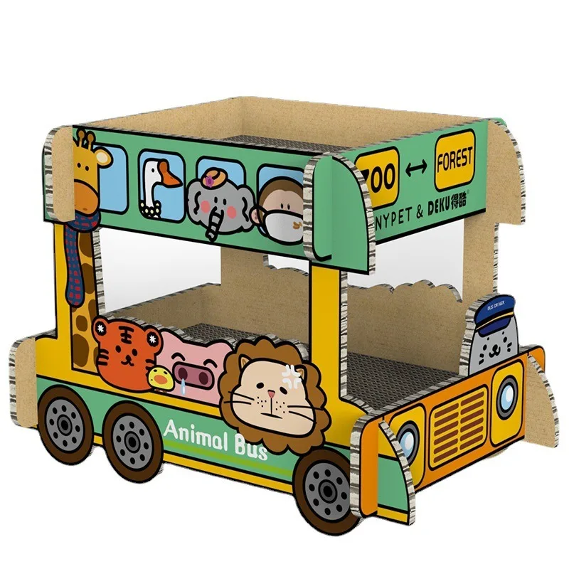

Animal Bus Cat Scratcher House Double Deck Cardboard Cat Bed Large Size Corrugated Paper Cat Playhouse for Two Cats Indoor Space